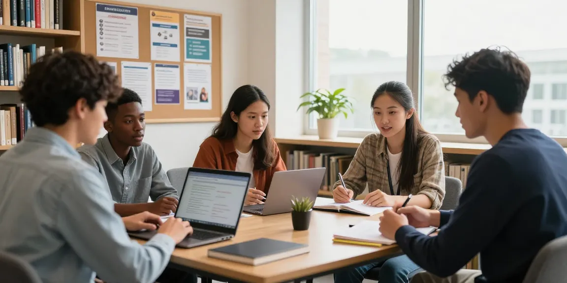 Young adults discussing career options after A-levels in a cozy library.