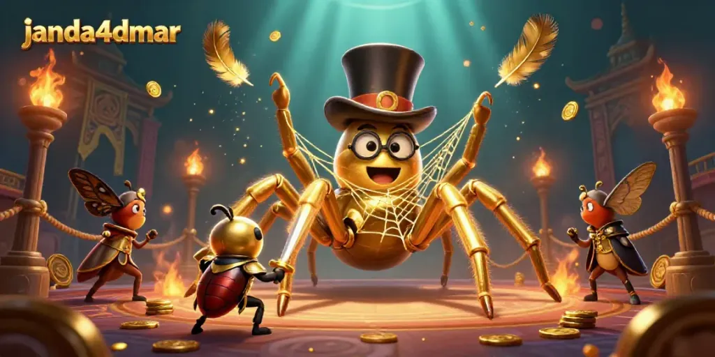 Menyaksikan simbol kemenangan di JANDA4D dengan tarantula emas dan ksatria kecil dikelilingi koin dan bendera seremonial.