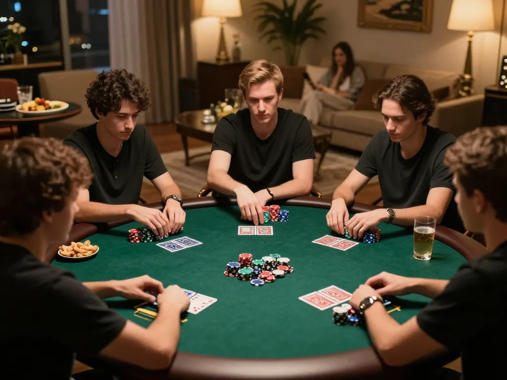 Nohu90 players engaged in a thrilling poker game with strategic bets in a warm home environment.