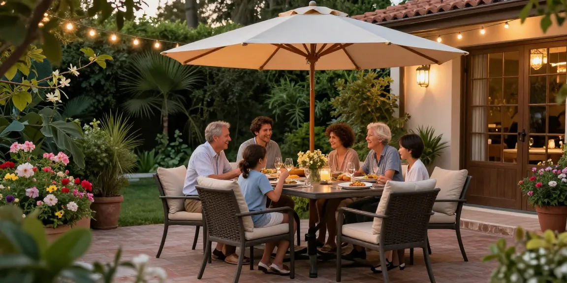 Stylish patio dining sets set up for a family gathering in a lush garden.