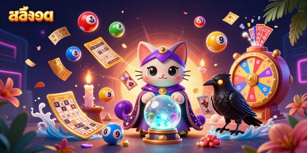 Engage with colorful สล็อต-themed elements like slot reels and fortune teller characters creating excitement.