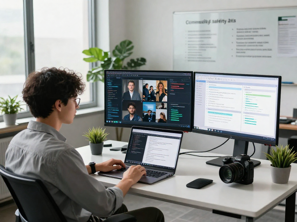 AI image detector analyzing content for community safety in a modern office.