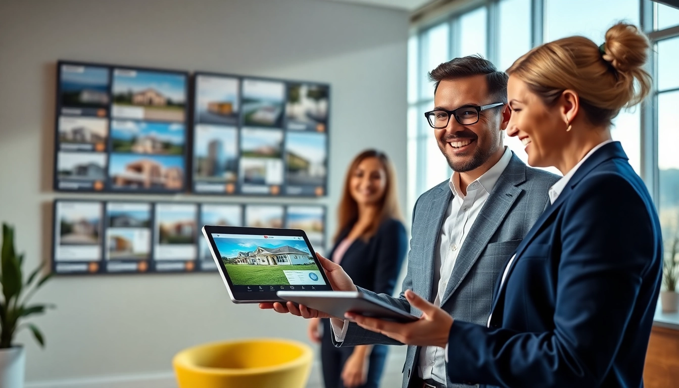 Real Estate agent presenting properties to clients in a bright, modern office setting.