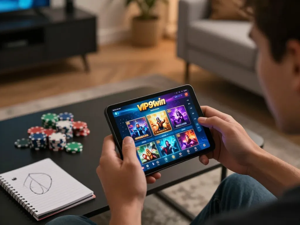 Player enjoying mobile gaming on the vip99win app, showcasing interactive casino features in a cozy setting