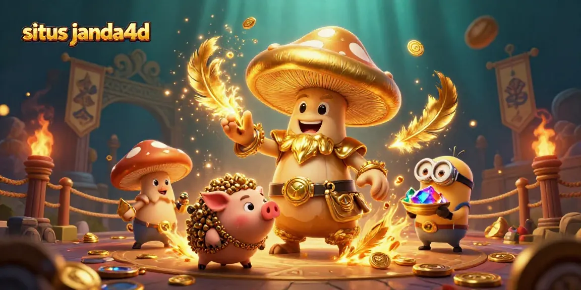 Permainan menarik di situs janda4d, menunjukkan wizard emas, babi truffle, dan harta karun di sekelilingnya.