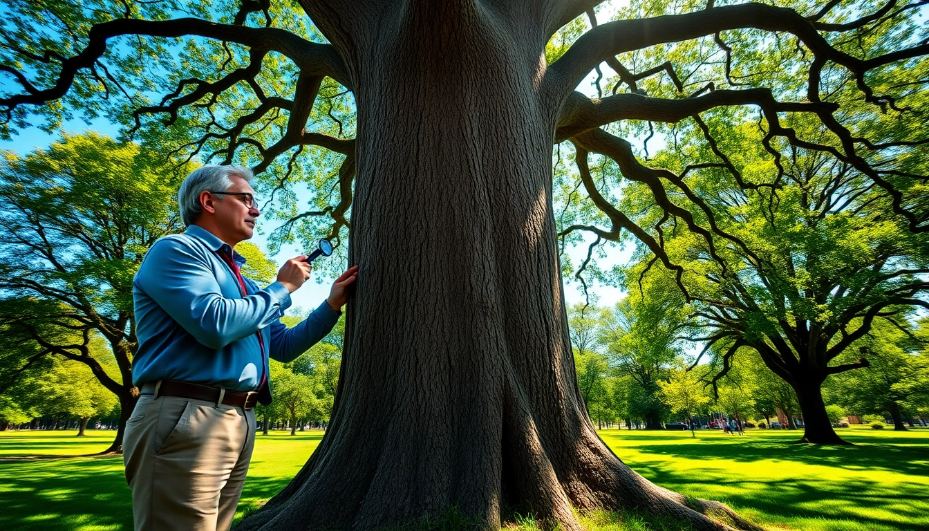 Tree Consultancy expert inspecting a large oak tree in a lush park.