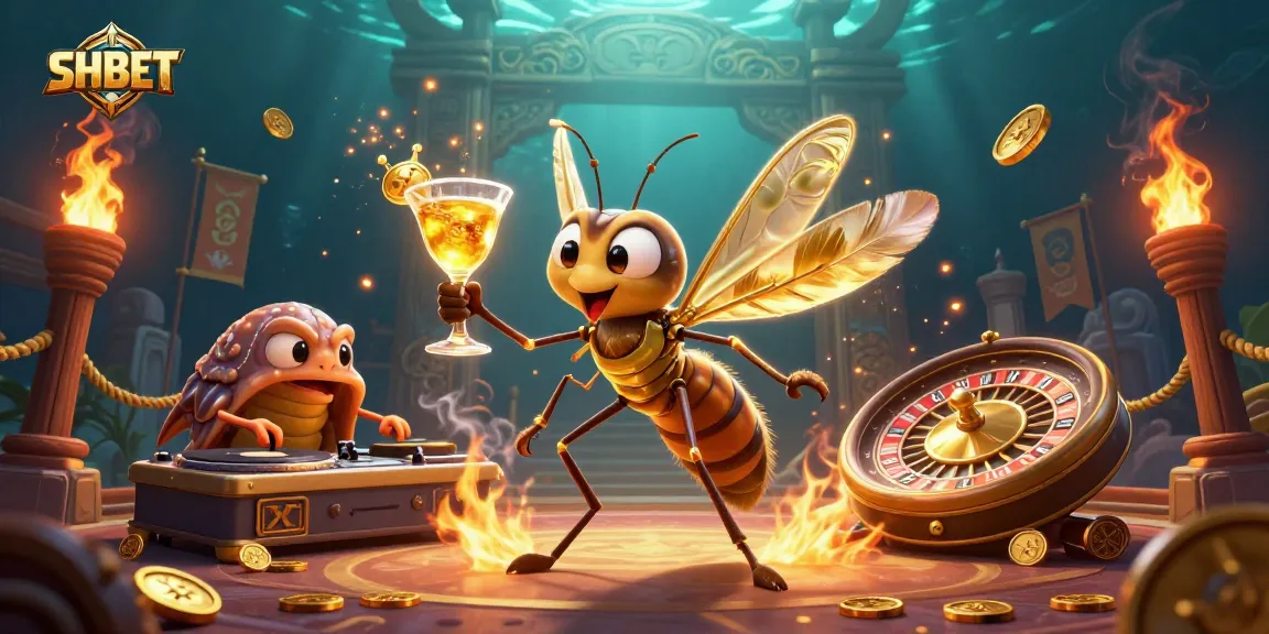Engaging SH BET casino mascot scene featuring a frozen insect, trilobite DJ, and roulette wheel.
