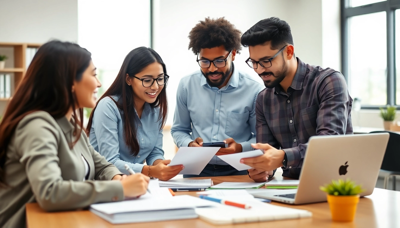 Engaged TOEFL test takers for hire collaborating in a professional setting.