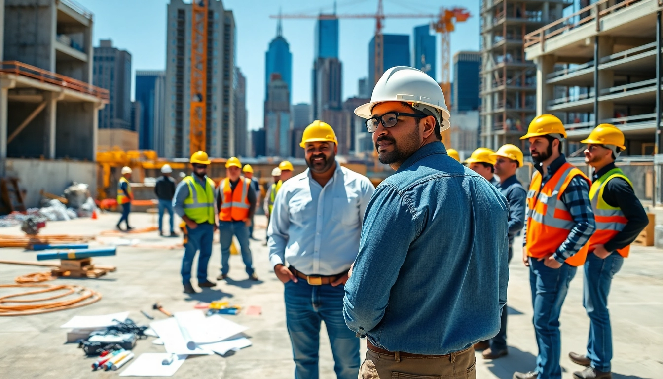 New York General Contractor overseeing a diverse construction team on an urban site.