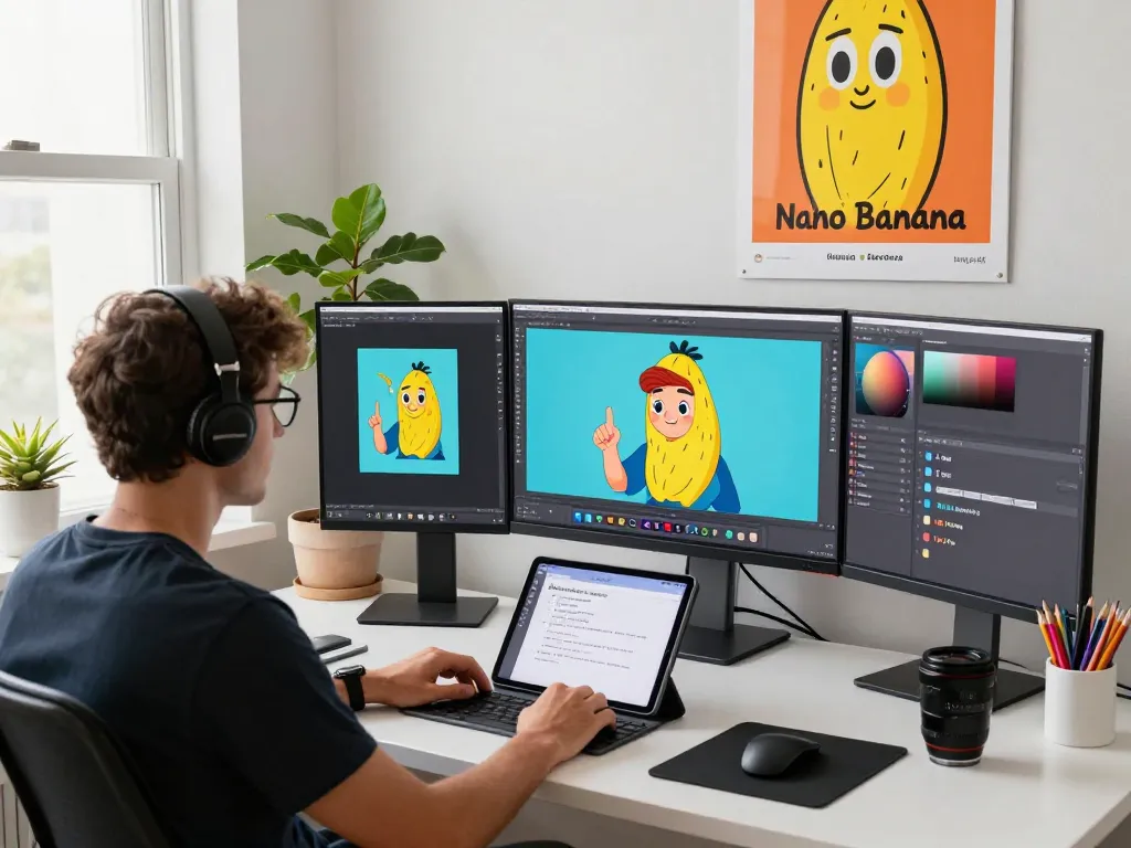Graphic designer using Nano Banana AI image editor in a vibrant workspace.