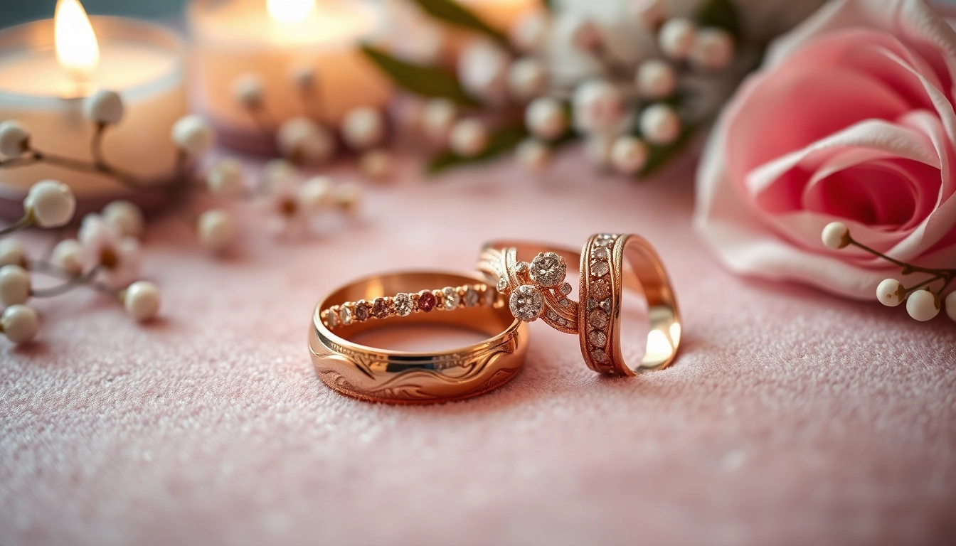 Showcase of beautiful wedding bands featuring intricate designs and a romantic atmosphere.