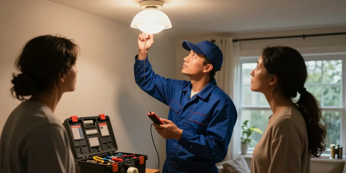Expert emergency electrical support service with electrician testing light fixtures in home.