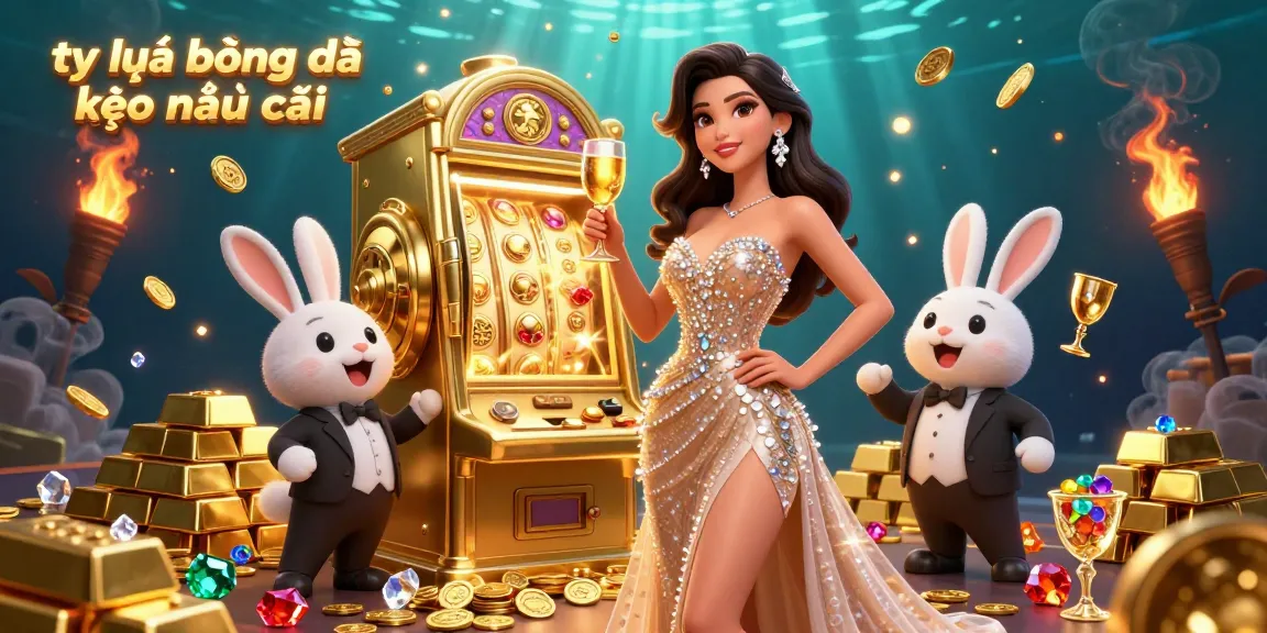 Engage with tỷ lệ bóng đá kèo nhà cái while a woman toasts beside a jackpot slot, amid sparkling gold treasures.