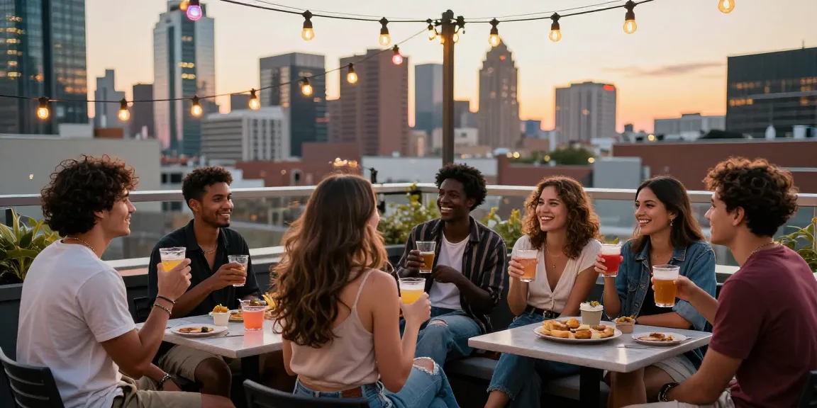 Friends enjoying drinks on a rooftop terrace with rokok88 super branding elements, showcasing stylish urban lifestyle.
