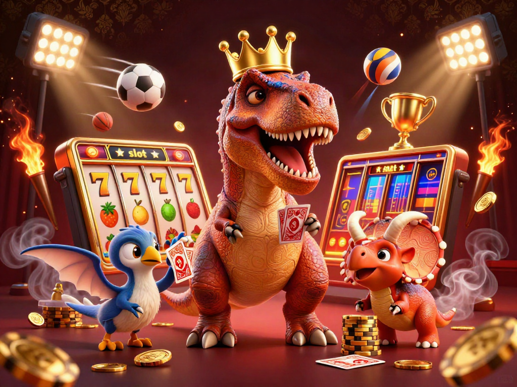 Engaging slot scene featuring a friendly T-Rex and assistants among flying elements and golden rewards