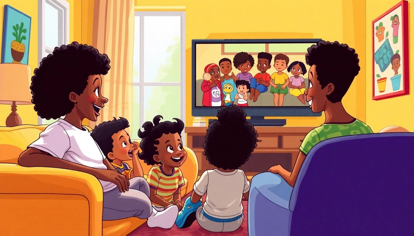A joyful scene showcasing children enjoying African American Cartoons like "The Proud Family" in a vibrant living room.