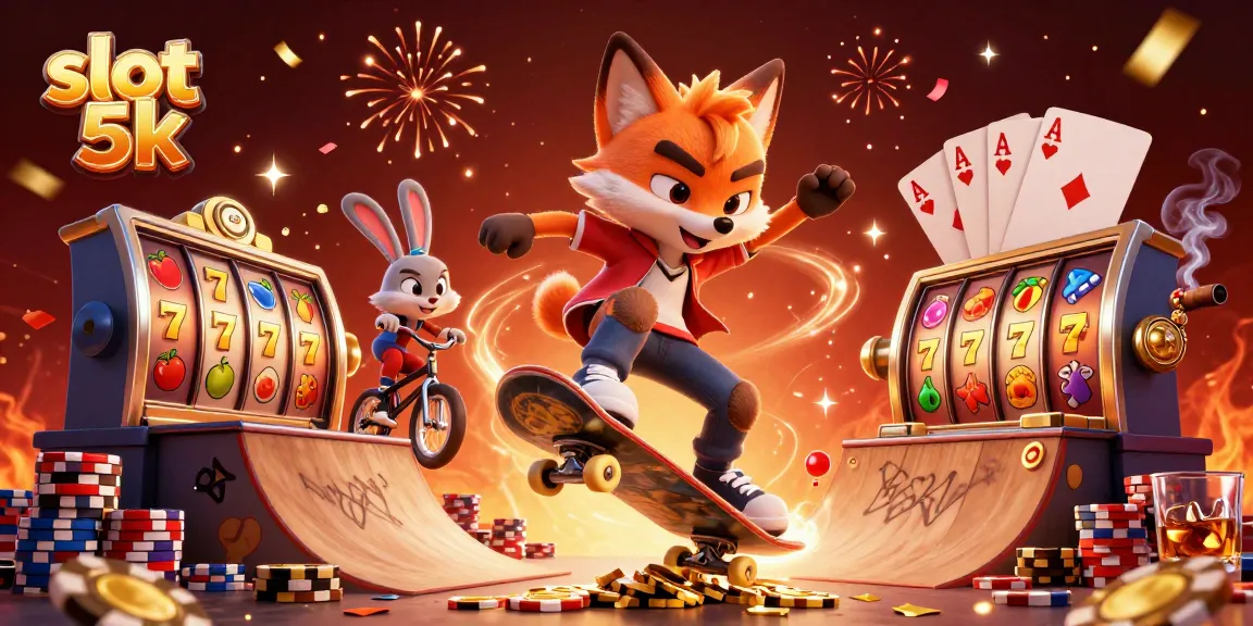 Experience the excitement of slot 5k as a fox skates over golden poker chips in a vibrant casino scene.