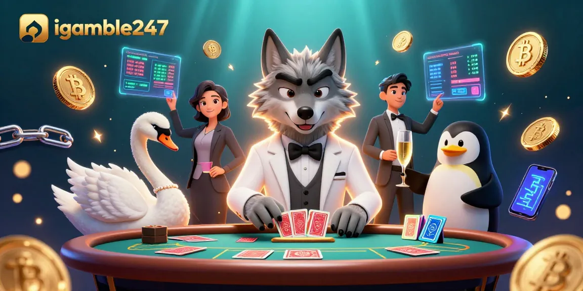 Gambaran karakter igamble247 sedang bermain baccarat, dikelilingi elemen kasino dan cryptocurrency