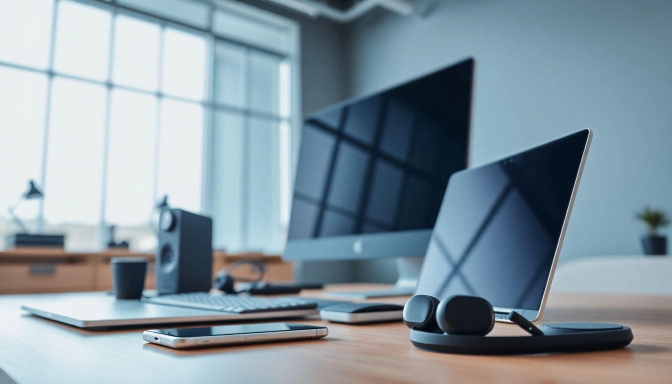 Showcase innovative Technology in a modern workspace with sleek gadgets and natural light.