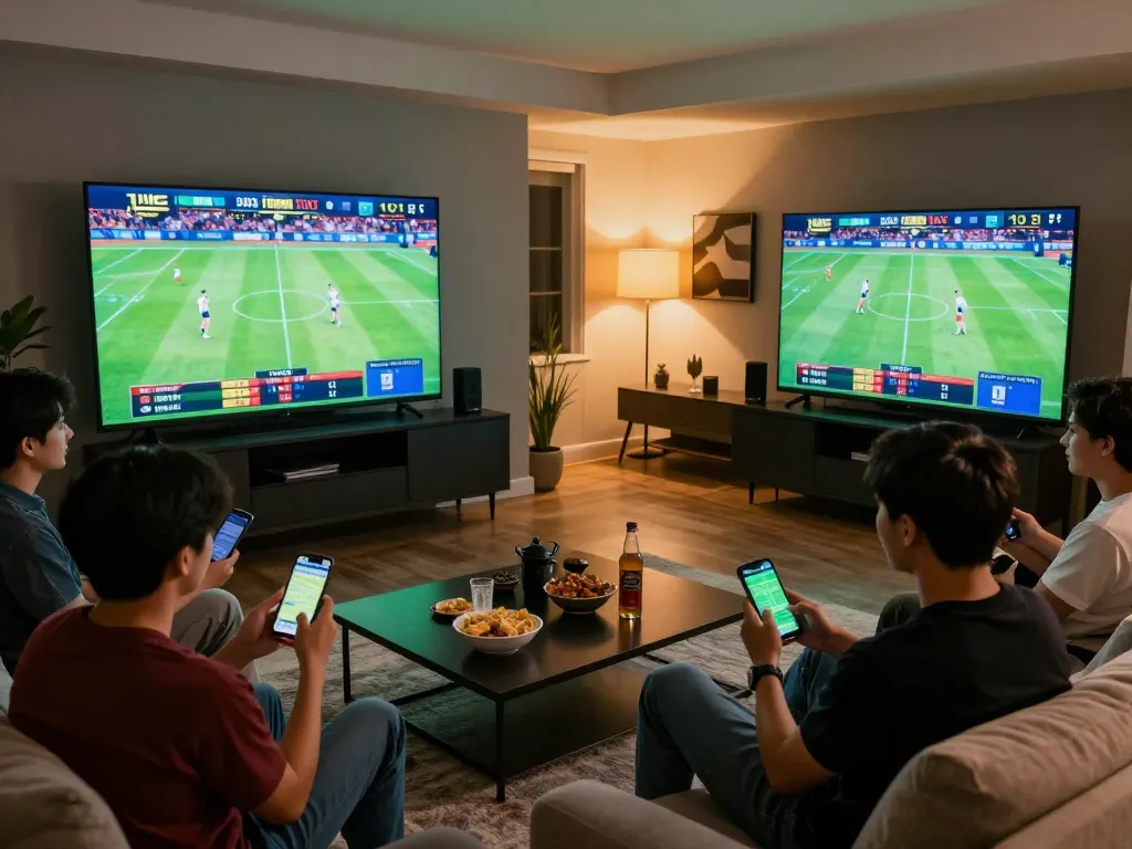 Sports enthusiasts placing bets on the cm88-bet app during a thrilling game night at home.