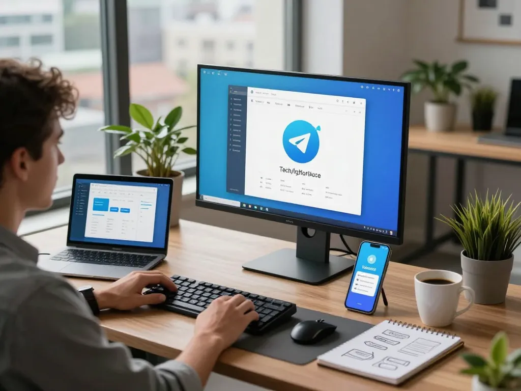 Professional setup for Telegram 电脑版 showcasing a modern home office environment.