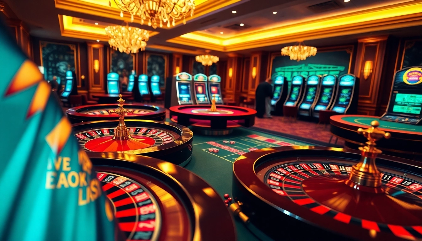 Engaging gambling scene showcasing roulette wheels and poker tables at https://www.kjc.global/ for professional gamblers.