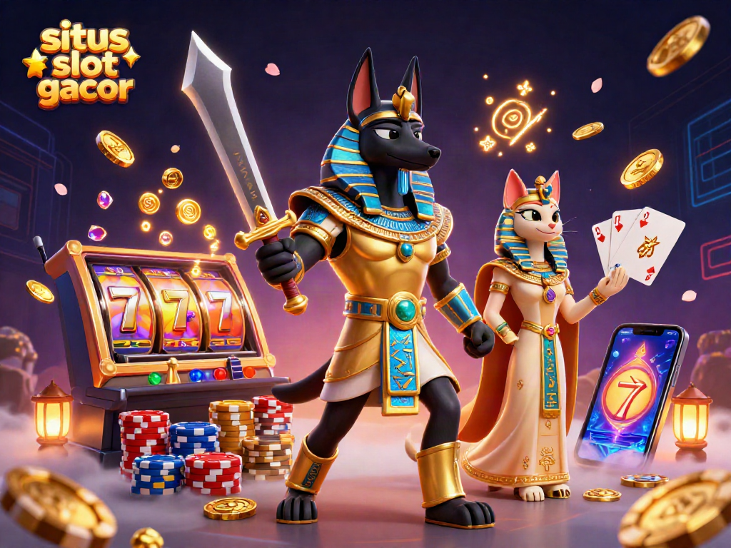 Experience the vibrant action of situs slot gacor with an ancient Egyptian scene featuring Anubis and Bastet amidst cascading casino elements.