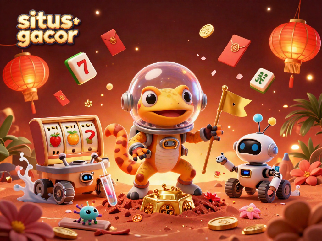Permainan di situs slot gacor dengan hewan alien, slot, dan barang keberuntungan bersinar di luar angkasa.