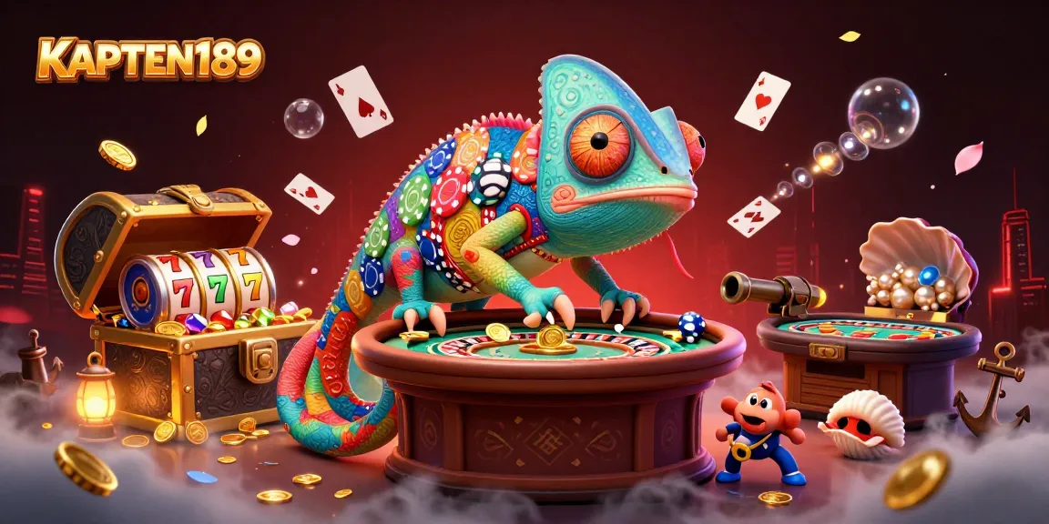 KAPTEN189 menawarkan keseruan permainan dengan chameleon kartun mengenakan chip poker, mengumpulkan koin emas di kasino.