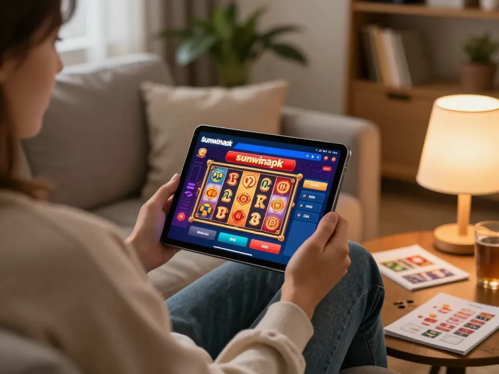 Engaging with the sunwinapk casino app on a tablet in a cozy home environment, promoting responsible gaming.