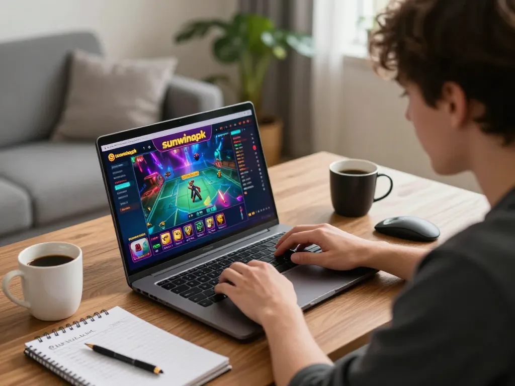 Engaging in online casino gaming on sunwinapk with laptop and strategic notes.