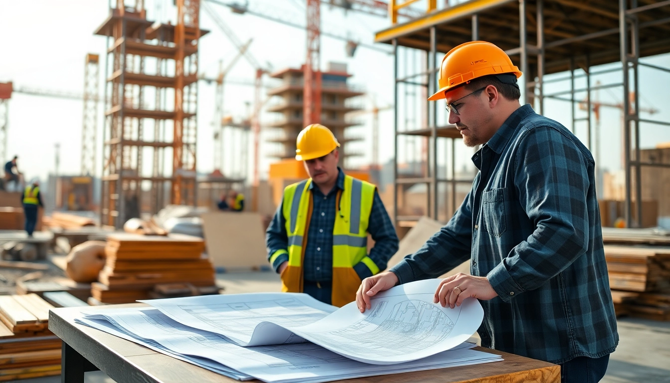 New York General Contractor overseeing a bustling construction site with collaborating teams.