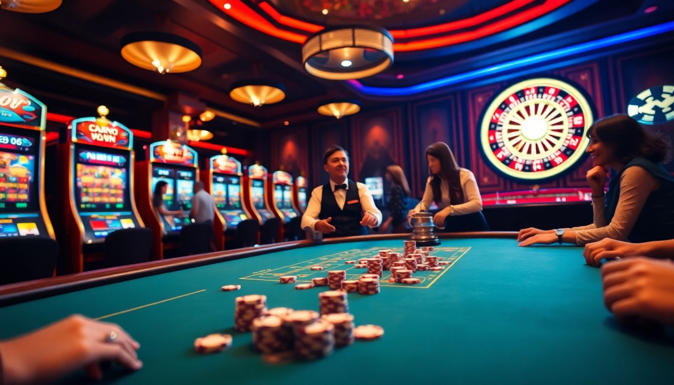 Betting excitement at https://www.kjc.global/ with players enjoying poker, slots, and roulette.