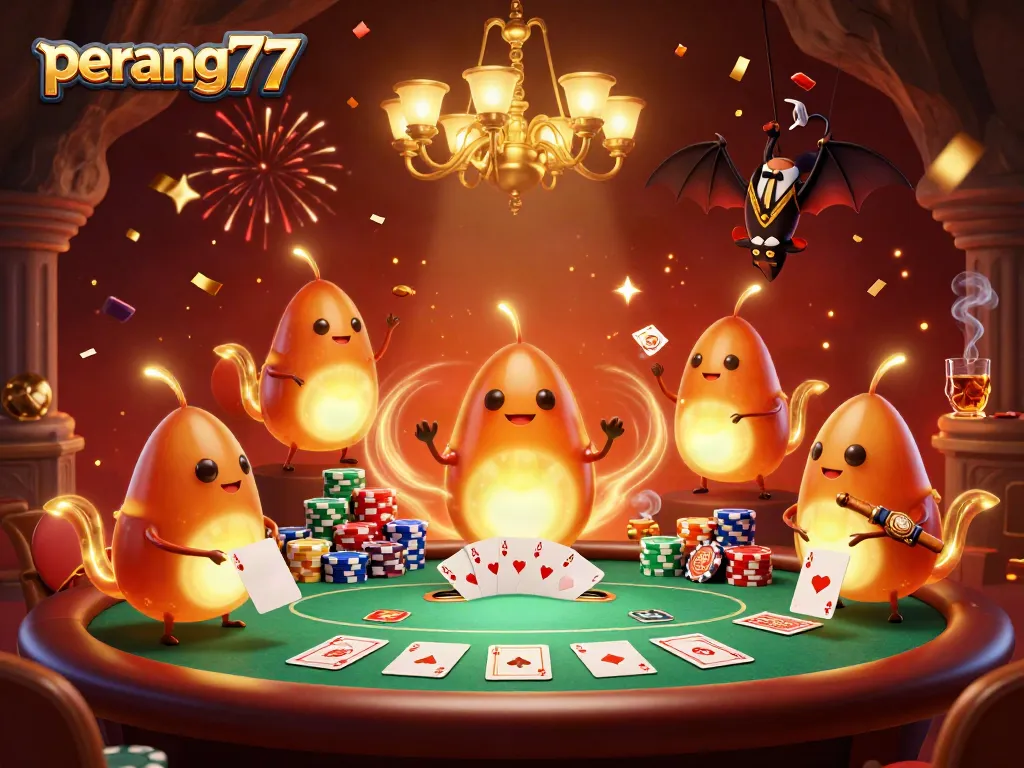 Pengalaman taruhan menang di perang77 dengan suasana kasino yang meriah dan karakter unik.