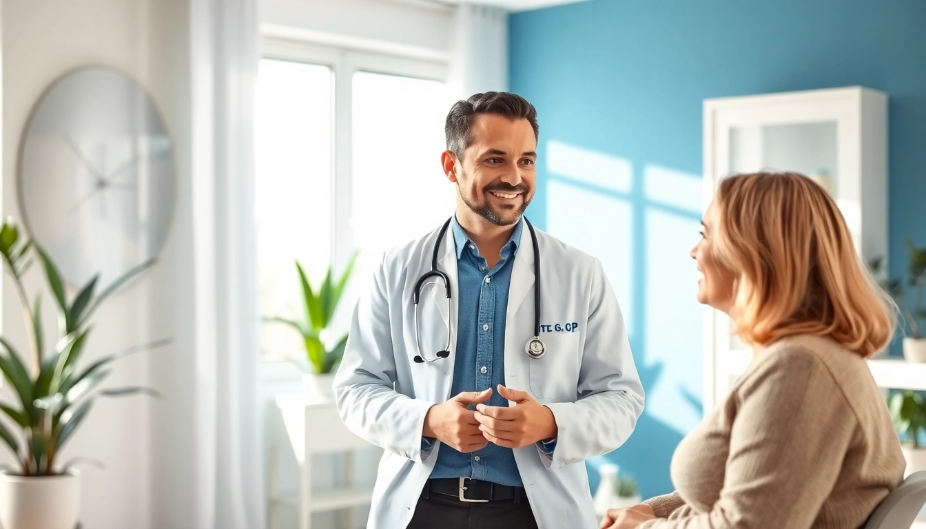 Private GP consulting with a patient in a welcoming office environment.