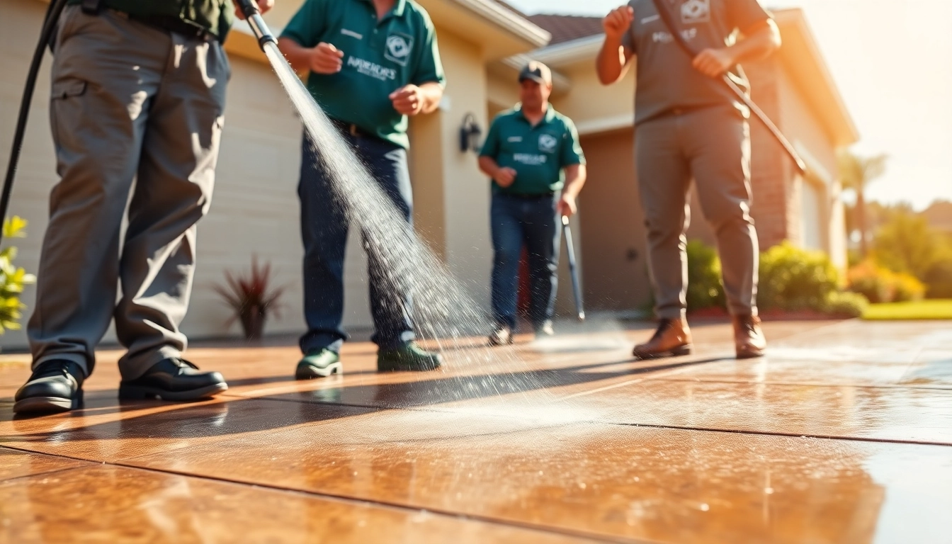 Concrete cleaning by professionals in Kissimmee, showcasing transformation with pressure washing tools.