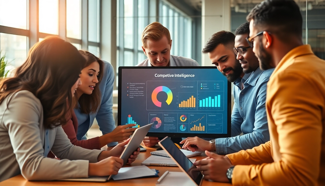 Engaged sales team analyzing competitive intelligence for sales on digital displays.