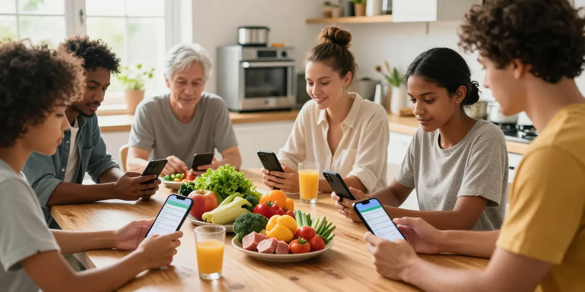 The best macro tracking app demonstrated by a diverse group exploring nutrition options in a vibrant kitchen.
