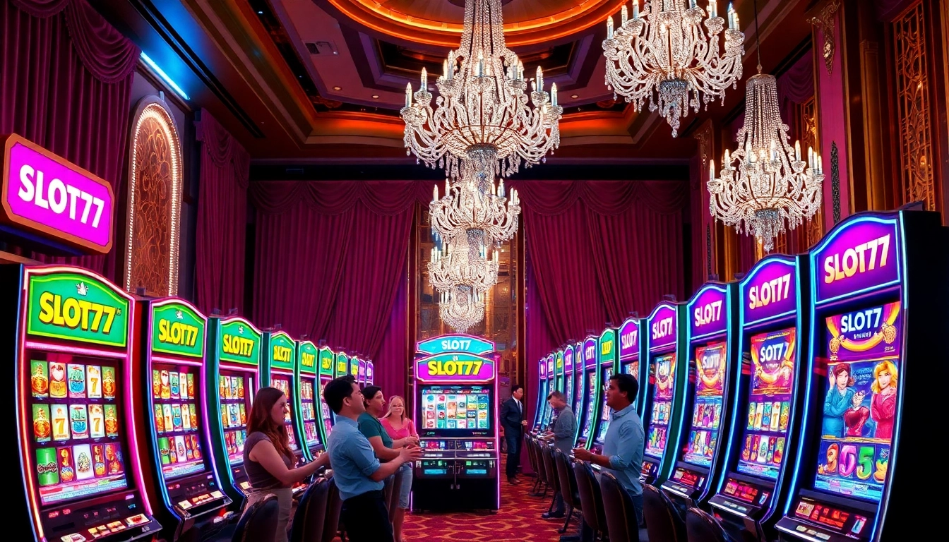 Mainkan Slot77 di mesin slot yang megah dengan pencahayaan warna-warni.