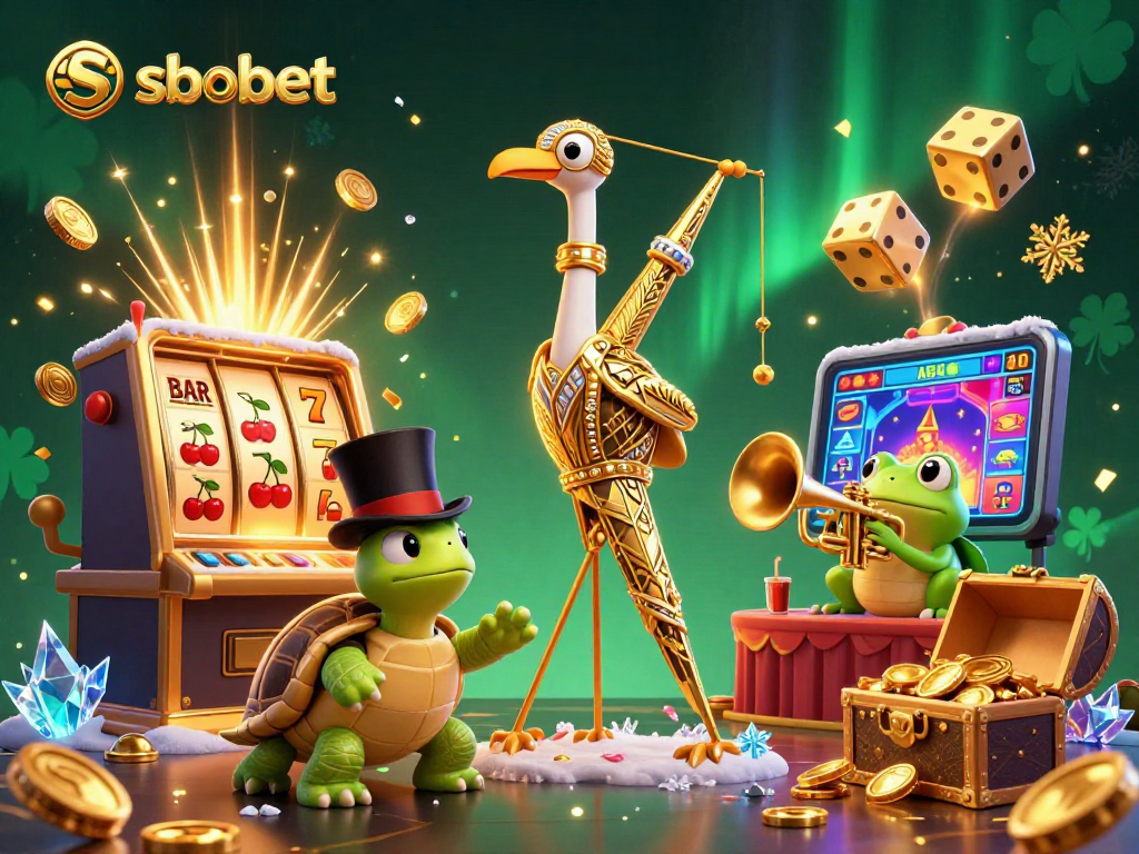Experience sbobet with a vibrant casino scene featuring playful characters and jackpot excitement.