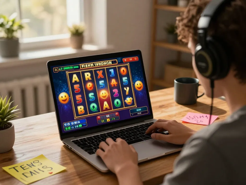 Player enjoying slot gacor siang ini online, celebrating a win on colorful reels in cozy atmosphere.