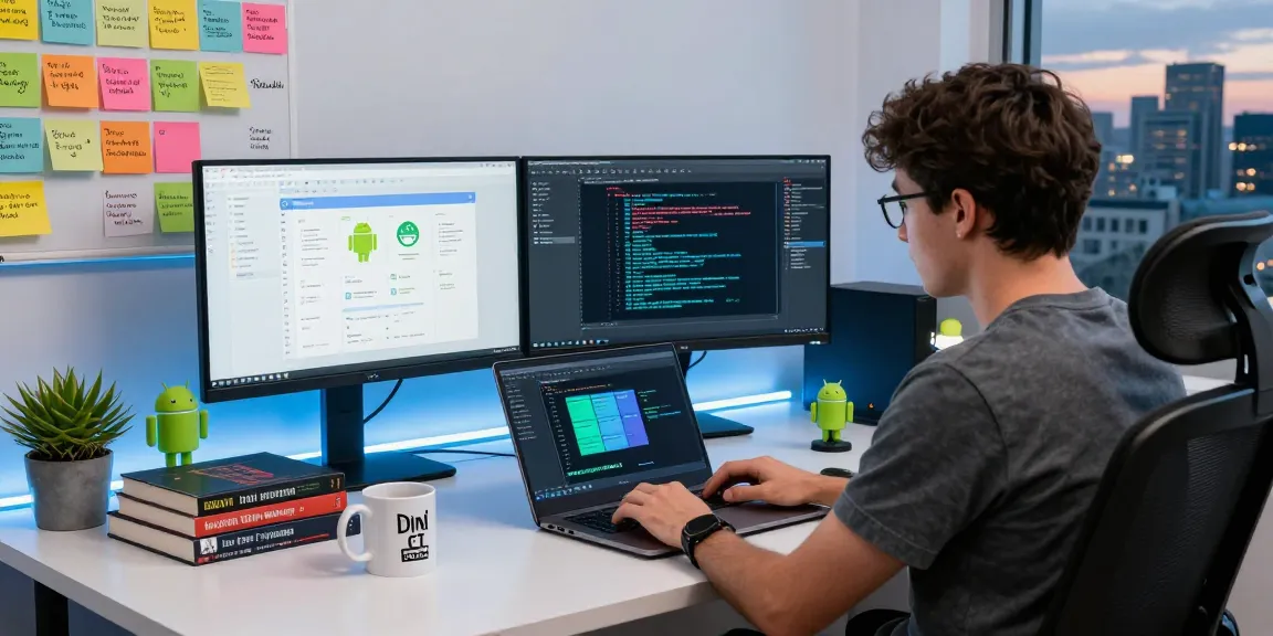 Android development workspace showcasing app architecture patterns in Android (MVI/MVP) with coding elements.