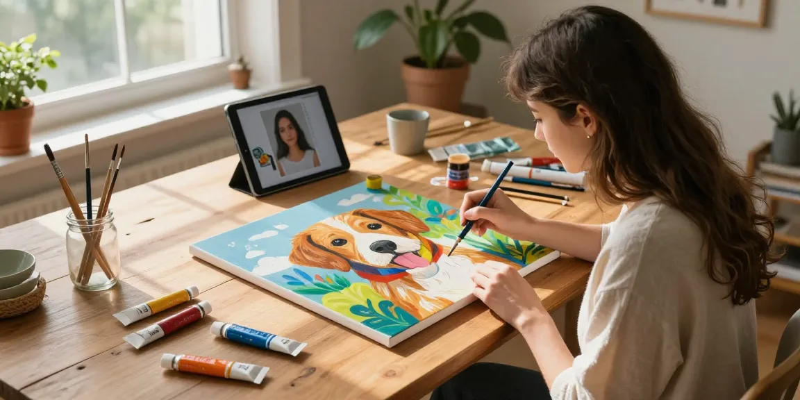 Creating personalized paint by numbers artwork in a bright home studio.