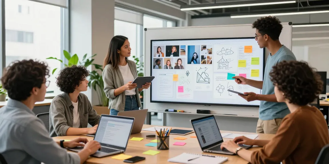 Team collaboration around a digital mixboard for brainstorming ideas in a creative office.