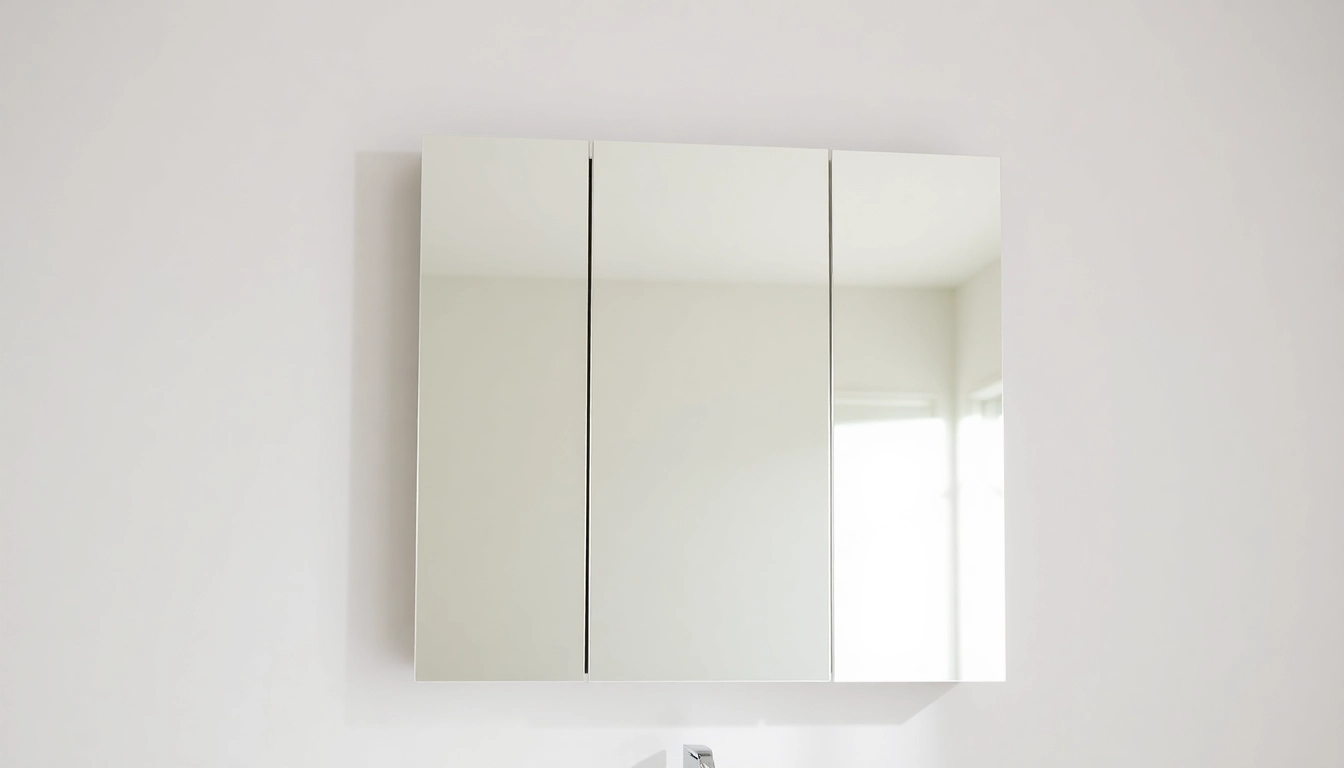 Spiegelschrank mit LED Beleuchtung beleuchtet modern eingerichtetes Badezimmer.