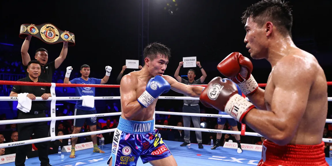 Undisputed champion in a boxing ring exuding confidence, surrounded by an excited crowd and bright arena lights.