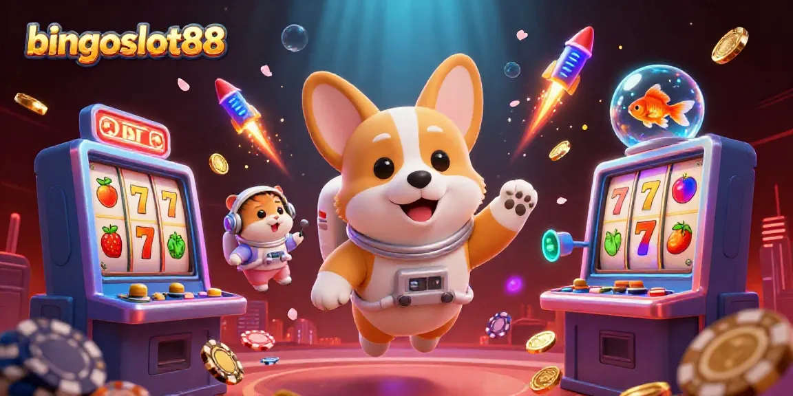 Rasakan keseruan bingoslot88 dengan astronaut corgi di kasino luar angkasa, bersama simbol slot dan koin emas.