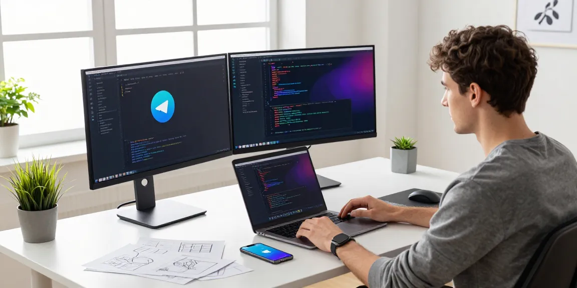 Experience the latest telegram中文版下载 with a modern workspace show casing a developer coding on dual monitors in a tech-driven environment.