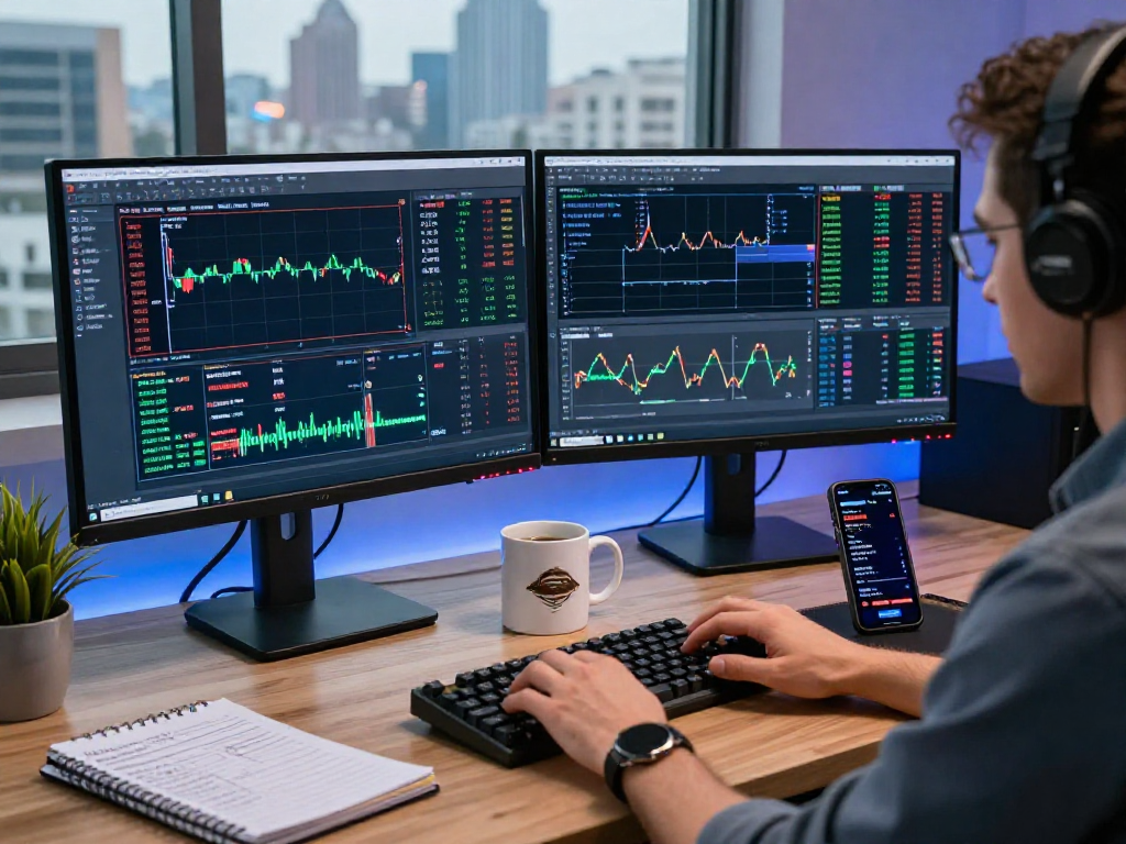 Trader using MetaTrader 5 for financial analysis in a modern workspace.