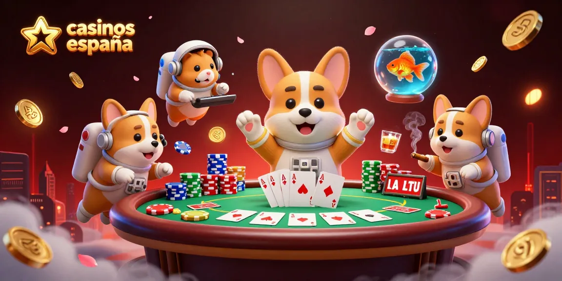 Jugando en casinos online España con un perro corgi espacial, fichas y monedas flotando en el aire.